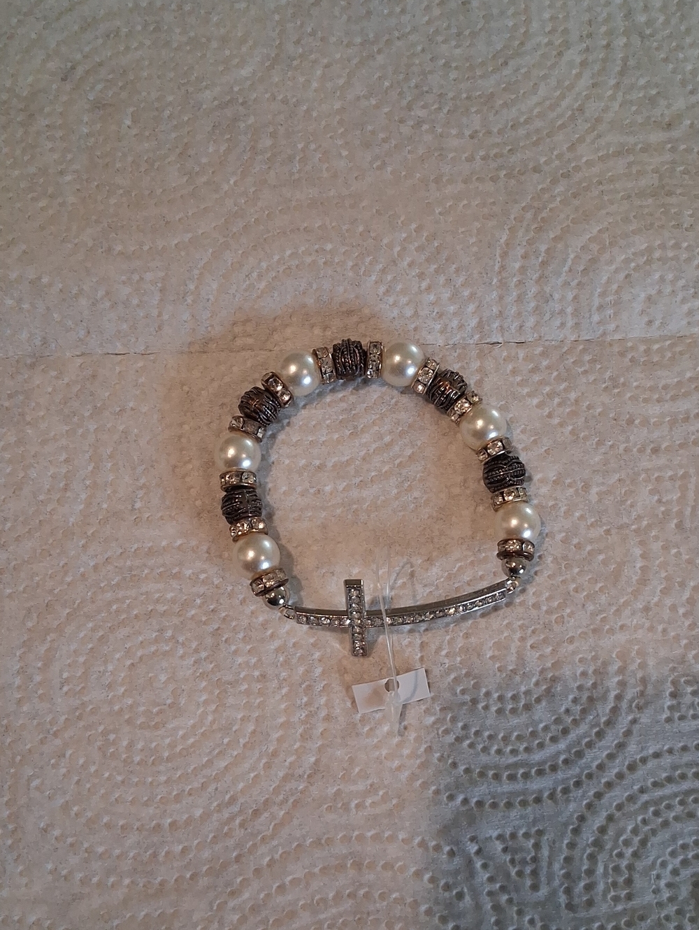 Pearl and Crystal Cross Stretch Bracelet - Silver Tone